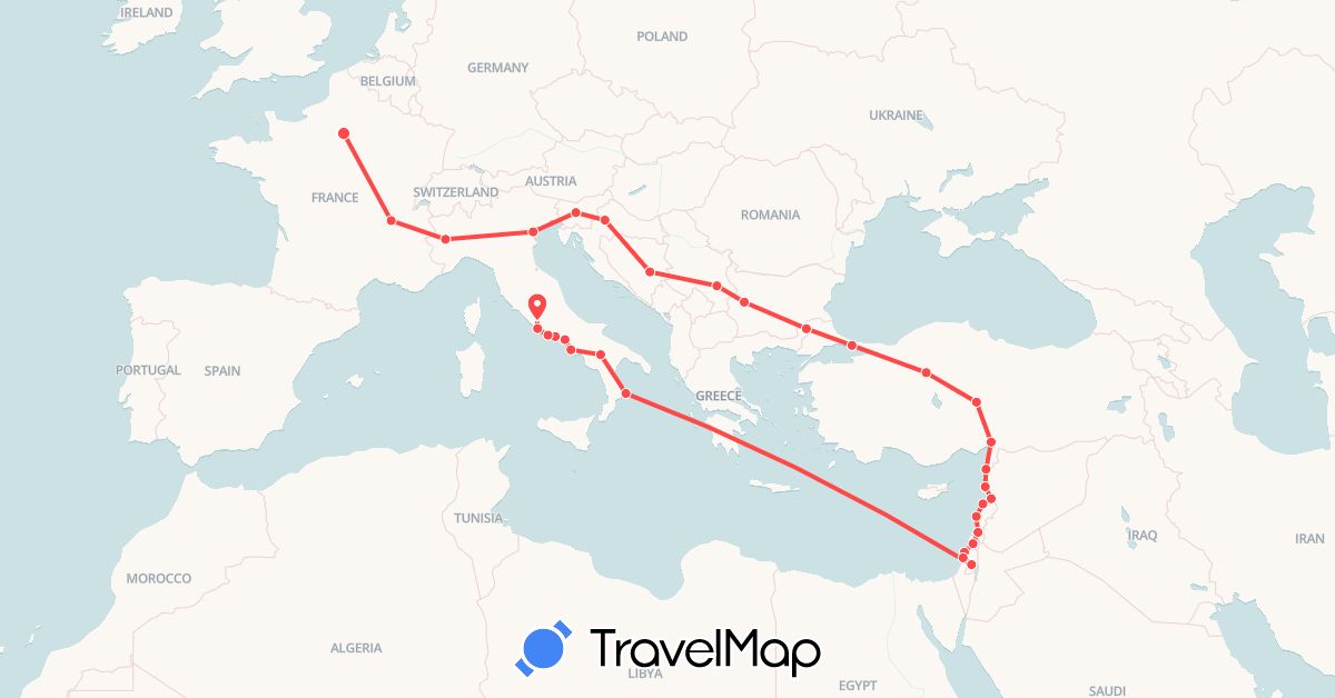 TravelMap itinerary: driving, hiking in Bosnia and Herzegovina, Bulgaria, France, Croatia, Israel, Italy, Lebanon, Serbia, Slovenia, Syria, Turkey (Asia, Europe)